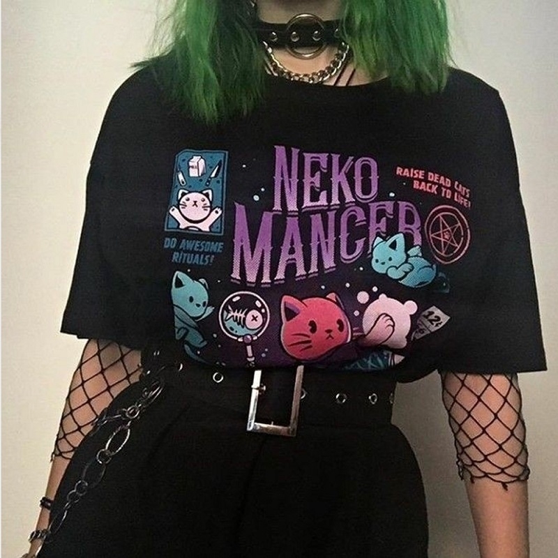 Neko Mancer T-Shirt Unisex Cute Aesthetic Grunge Black Tee Satantic Gothic Clothing Witch Shirt 210306