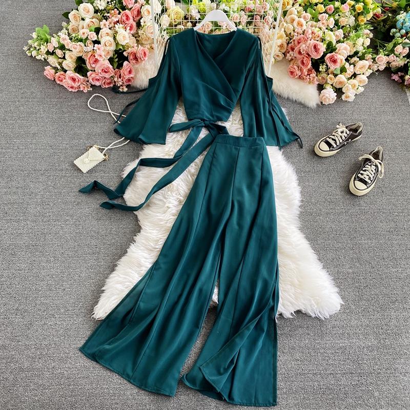 Women's Two Piece Pants Women Bandage Set Spring Autumn Solid Blue/Red/Green Long Sleeve Short Tops And High Waist Split Female Suit, White
Women's Two Piece Pants Women Bandage Set Spring Autumn Solid Blue/Red/Green Long Sleeve Short Tops And High Waist Split Female Suit, White