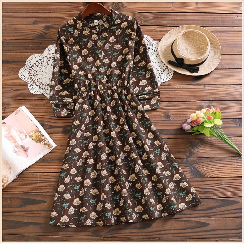 Mori Girl Spring Autumn Women Corduroy Dress 29 Patterns Casual Elastic-Waisted Vintage Vestidos Long Sleeve Korean Sweet Dress 210309
