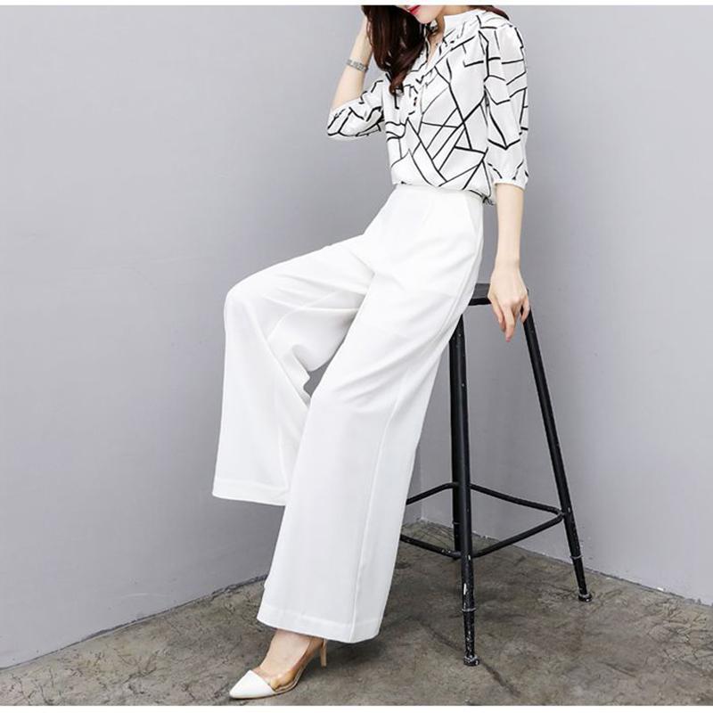 2021New Women Summer Suits Blouse Shirt Two Piece Pant Set Loose Elegant Chiffon Tops White Wide Leg Pant
