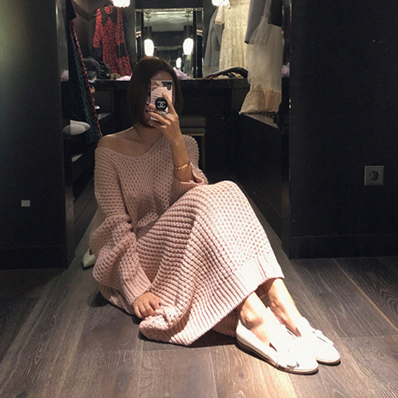 BGTEEVER Fashion Oversize Autumn Winter Long Sweater Dress Women Batwing Sleeve Female Vneck Loose Knitted Pullovers Dress Chic 201008