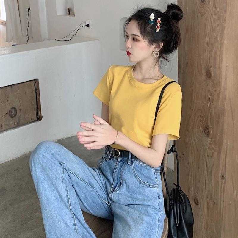 Tee Shirt 11 Solid Color Basic T Women Casual O-neck Harajuku Summer Tops Korean Short Sleeve Slim White Tshirt S-2XL 210526