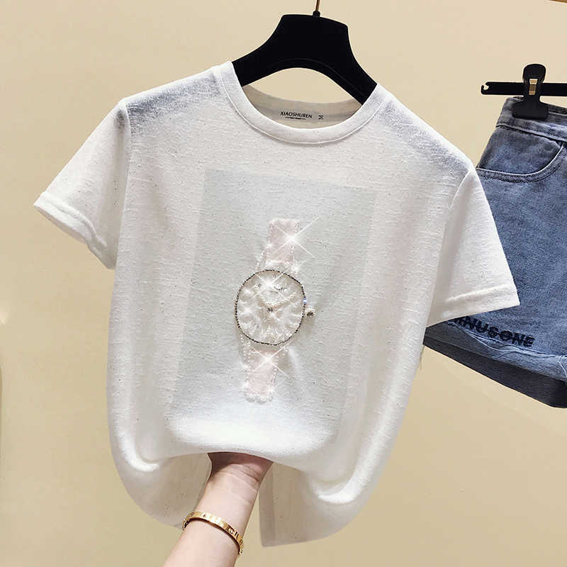 gkfnmt T Shirt Women 2021 Summer Tops Beading T-Shirt Female Short Sleeve Korean Fashion Tshirt Woman Clothes Tee Shirt Femme X0628