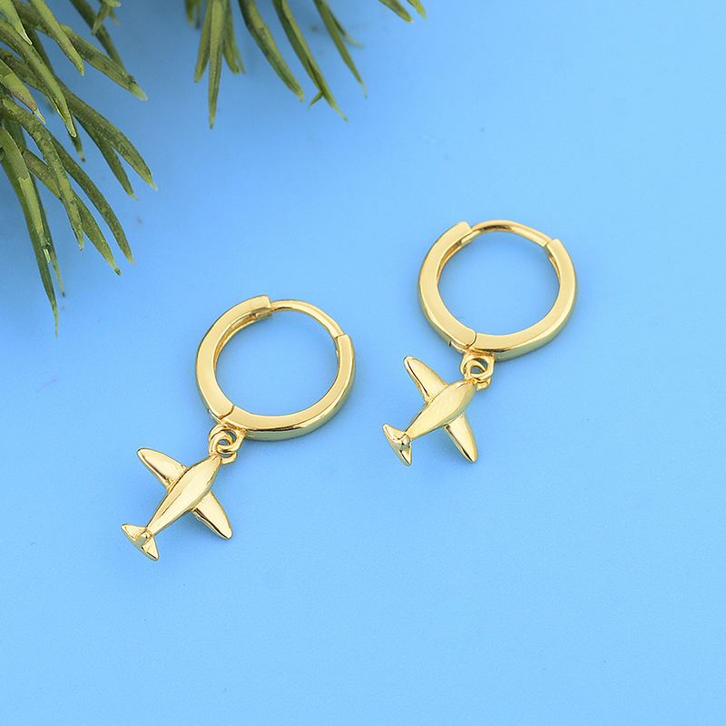 Authentic 925 Sterling Silver Gold Color Aircraft Pendant Hoop Earrings Women Girls Childlike Cute Airplane Jewelry Gift Bijoux