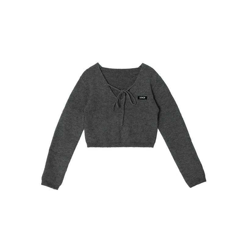 Yedinas Sexy V-Neck Lace Up Knitted Sweaters Women Autumn Long Sleeve Solid Crop Tops Spring Knitwear Japanese Ladies Jumper 210527