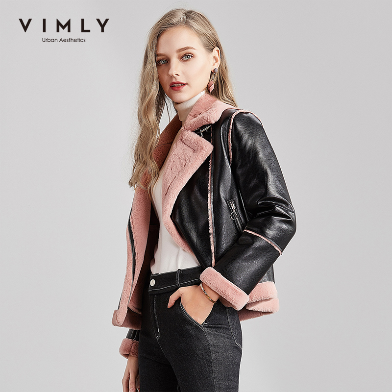 Vimly Women Lambswool Jacket Streetwear Autumn Winter Lapel Patchwork Zipper Thick Casual Female Short Leather Jacket 3389H 201019