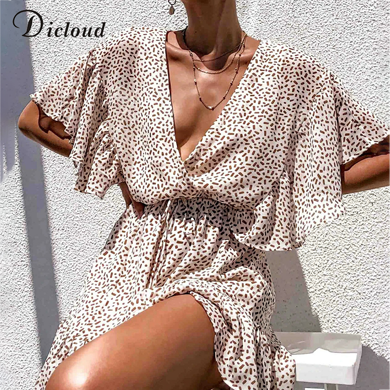 DICLOUD Dot Women Summer Dresses And Sundresses Sexy Plunge V Neck Beach Party Mini Dress Back Button Closure Ruffle Clothes 210303