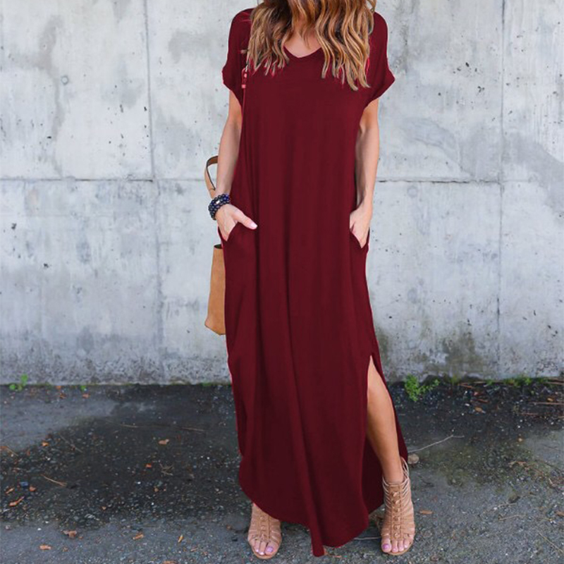 Women Summer Maxi Dresses Casual Loose Pockets Long Dress Short Sleeve Split Plus Size S-5XL