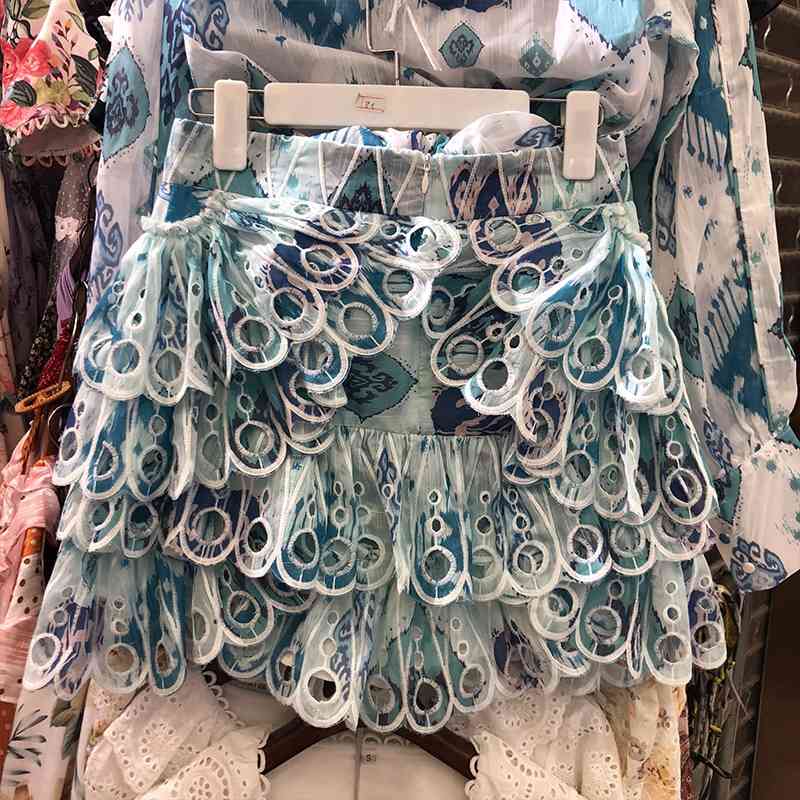 Summer National Trends Retro National Style Elegant Two Piece Suit, Female Peacock Blue Skirt + Thin Long-Sleeved Shirt 210708