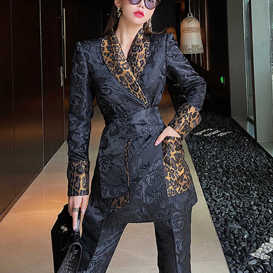Summer Suit High Quality Leopard Print Lapel Belt Blazer + Jacquard Long Two-Piece Pants Sexy Office Lady Set 210527