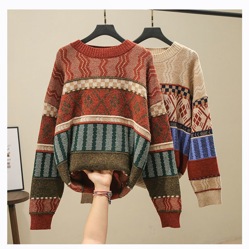 Autumn Winter Women's Sweater Nordic Style Round Neck Retro Jacquard Pullover Sweater New Loose Casual Knitted Sweaters LL298 210218