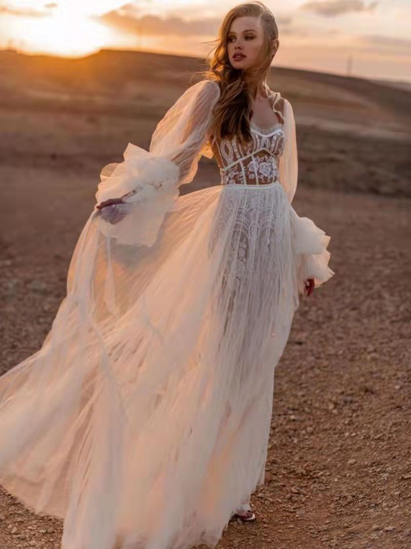 Unique Bohemia Wedding Dress Shawl Long Sleeve Lace Boho fairy skirt Bridal Gowns Chic Beach Tulle Vestido De Noiva