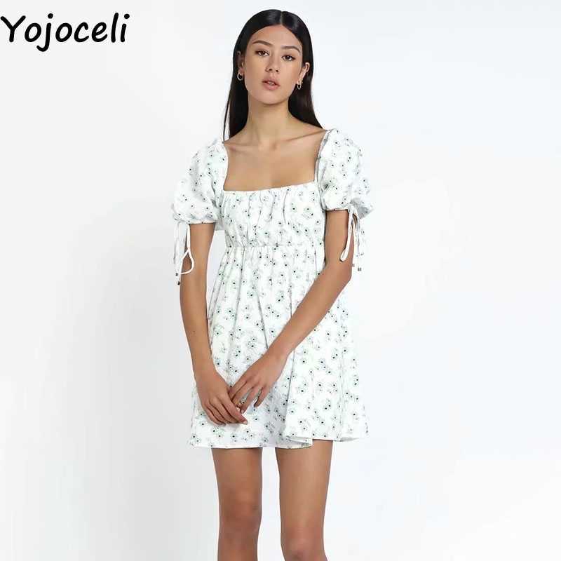 Yojoceli Elegant daisy print fitness short dres Summer beach casual daily square neck Sexy cute female mini es 210609