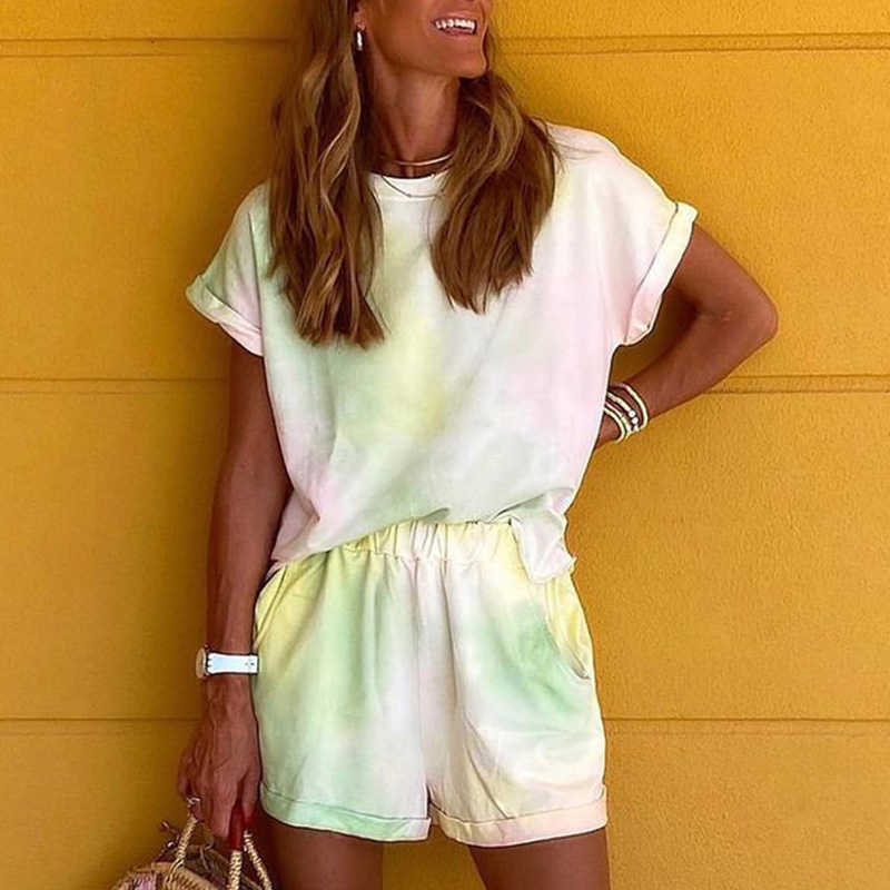 Tie Dye Printed Women Clothing Set Two Piece Long Sleeve Blouses + Shorts Ladies Outfits Fashion Casual Female Clothes Set 210709
