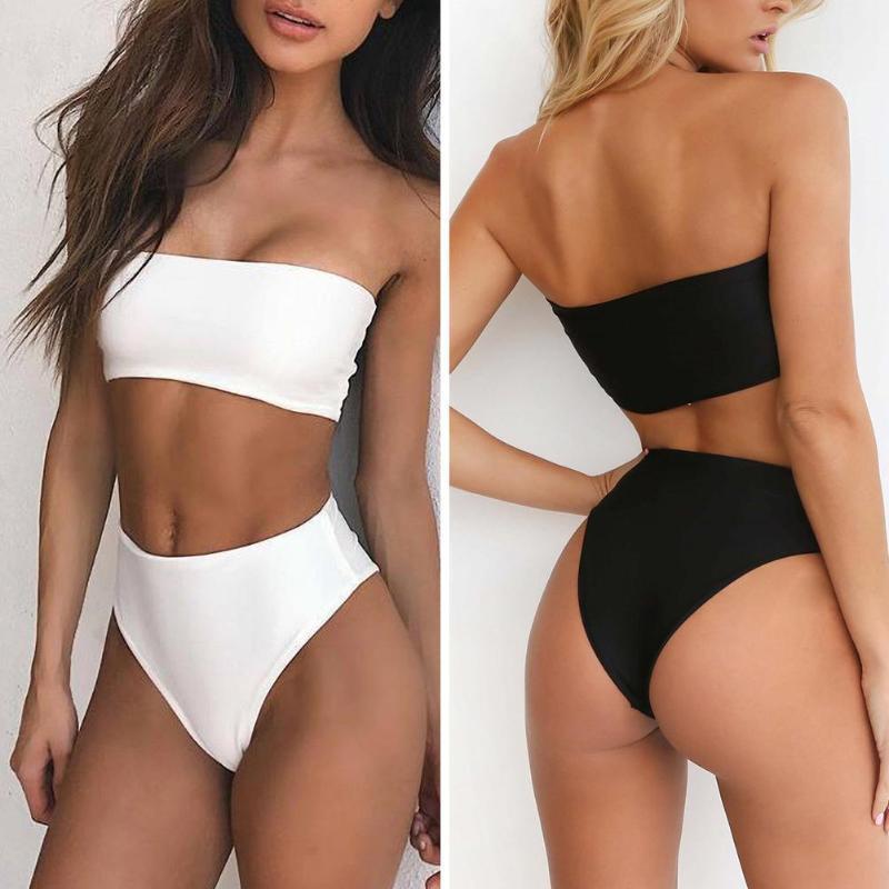 Maillot de bain pour femmes Sexy Bikini Push Up Bandeau High Taille Haute Culotte Brésilienne Ensemble de maillot de bain sans fil massif Solide