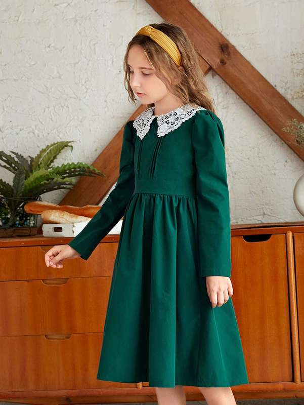 Girls Contrast Guipure Lace Peter Pan Collar Dress SHE