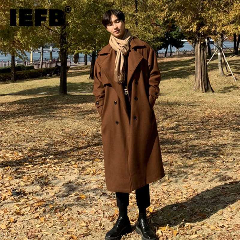 IEFB Autumn Winter Woolen Coat Men's Korean Trend Medium Long Loose Long Coats Handsome Over Knee Woolen Coat With Belt 9Y9566 211122