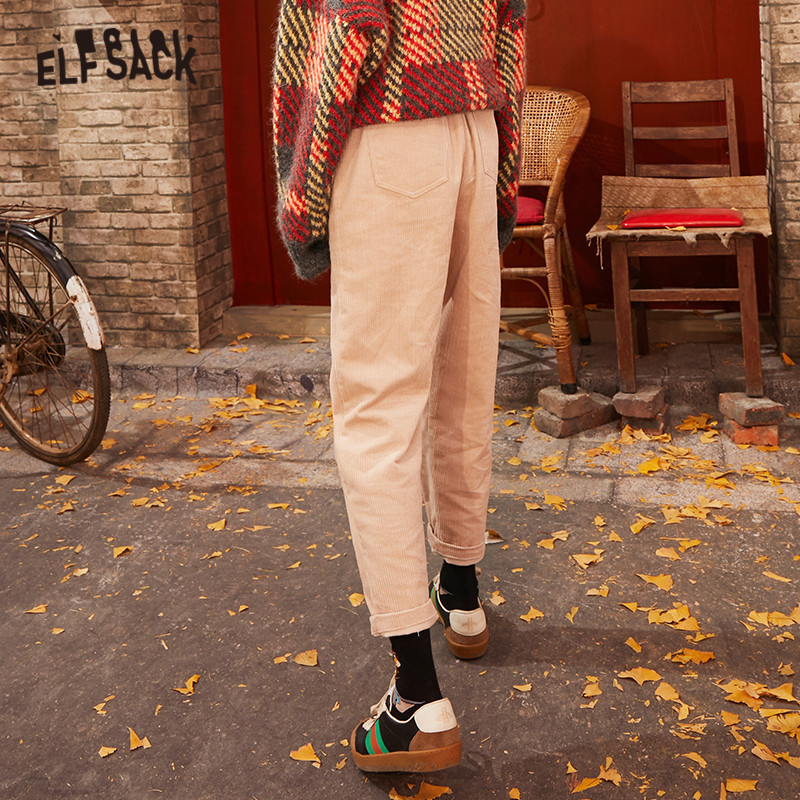 ELFSACK Blue Solid Corduroy Korean Casual Women Pants Spring Apricot Elastic Waist Straight Ladies Basic Daily Trouser 201012