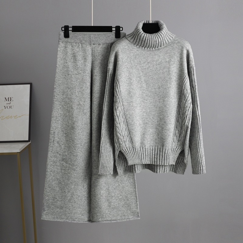 Winter Thick Women Suits two Piece Set Loose Turtleneck twist Pullover Sweaters And Long Knitted wide leg pants sets Sportsuits 220315