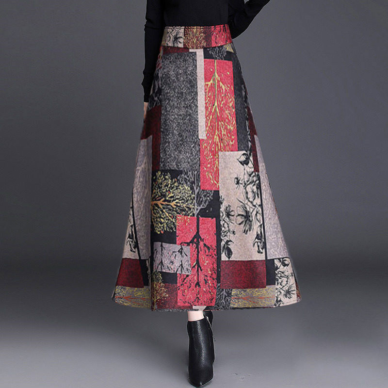 Autumn Winter Aline Long Skirts Womens Maxi Skirt Female High Waist Warm Wool Skirt Elegant Office Lady Printing Plaid Skirt 210306