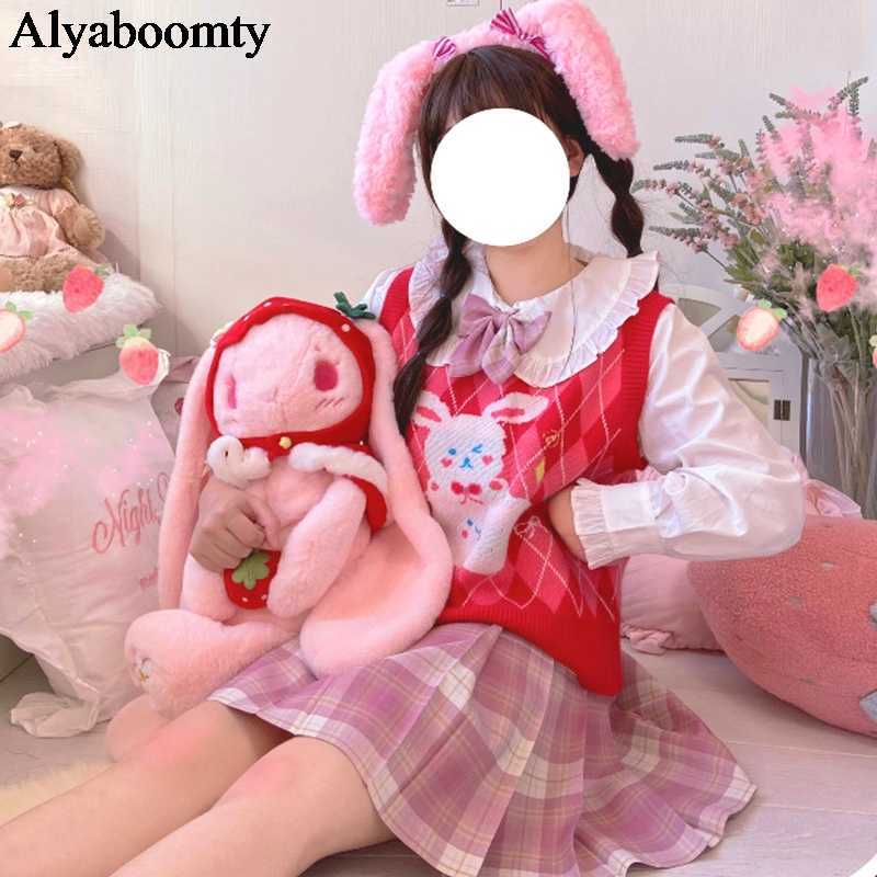 Japanese Preppy Style Autumn Winter Sleeveless Women Sweater Bunny Floral Anime Knitted Vest Cute Kawaii Christmas Red 210819