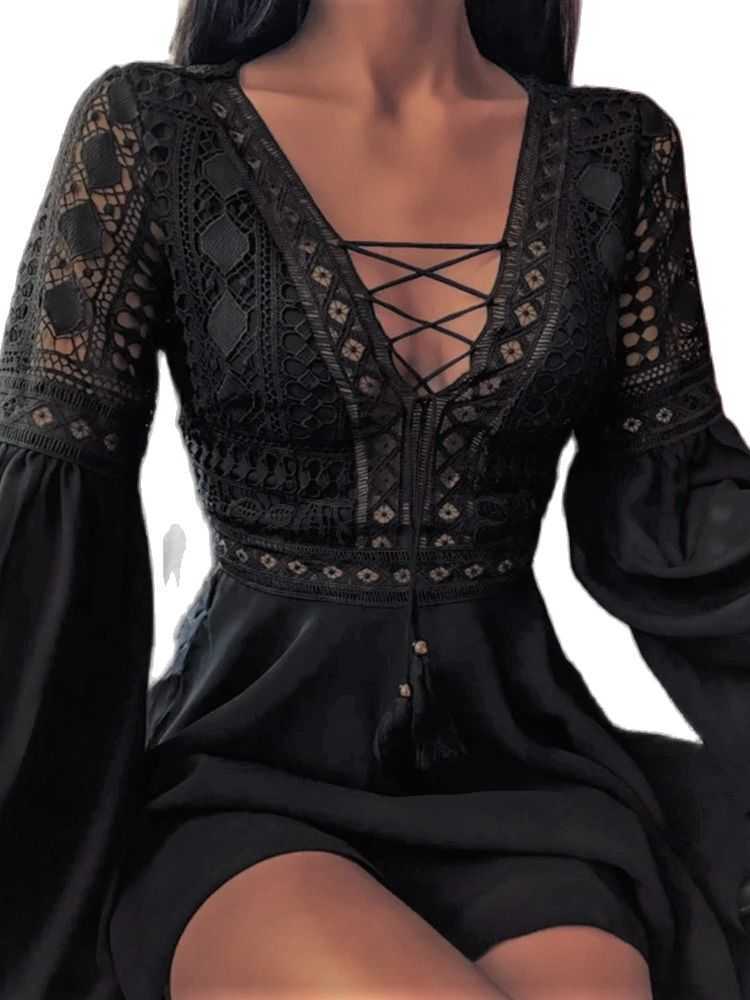Sexy Night Club Dress Lace V-Neck Mini Summer Flare Long Sleeve Chiffon Elegant Women Hollow Out Party es 210623