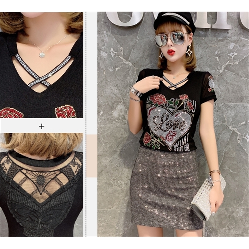 Summer Fashion Korean Clothes T-shirt Sexy Hollow Out Diamonds Letter Rose Women Tops Ropa Mujer Patchwork Mesh Tees T06633 210306
