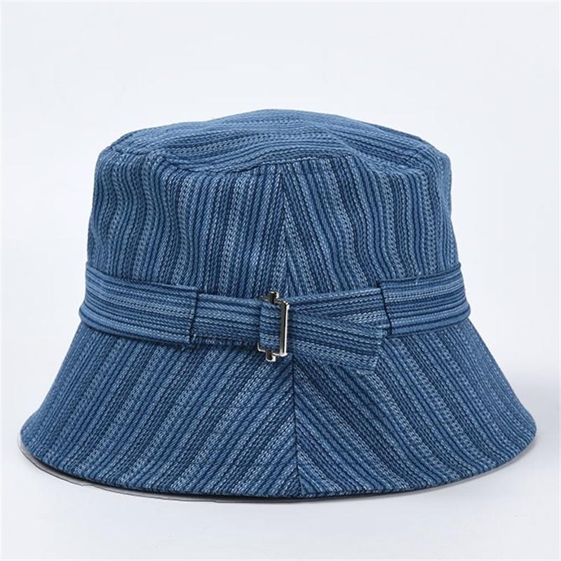 Wide Brim Hats 2021 Women Striped Denim Bucket Hat Fashion Metal Buckle Fisherman Sun Protection Japanese Leisure Basin Wholesale