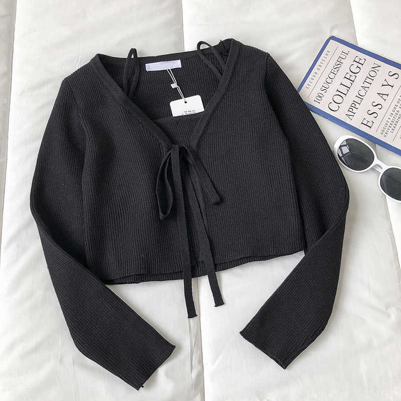 Kimutomo Casual Fasion 2 Piece Set Women Solid V-neck Long Sleeve Lace Up Short Knitted Cardigan and Camis Knitwear Elegant 210707
