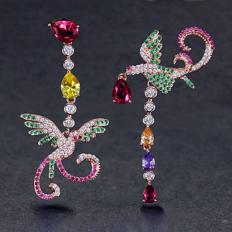 Bling Colorful Zircon Drop Earrings Chinese Phoenix Fine Jewelry Wedding Dangle Earrings for Women Gril Gift