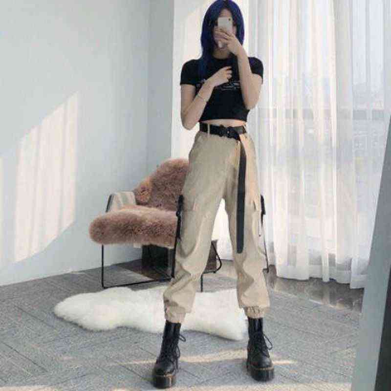 QWEEK Gothic Black Cargo Pants Women Hippie Streetwear Autumn Harajuku Loose Trousers For Female Rave Punk Straight Oversize 211115