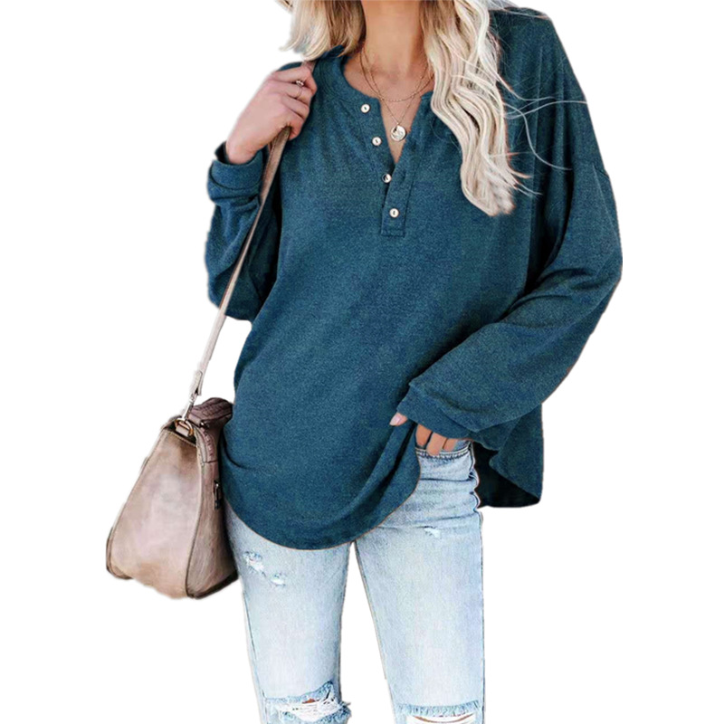 T-Shirt 2021 European and American spring solid color long-sleeved round neck pullover button top