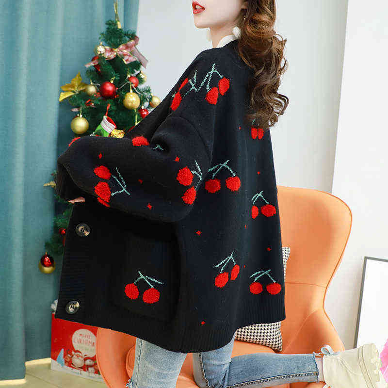 Autumn Fashion Cherries Embroidery Mid-length Cardigans Women V-Neck Bat sleeve Pocket Knitting Sweater Coat Loose Ladies Tops 211117