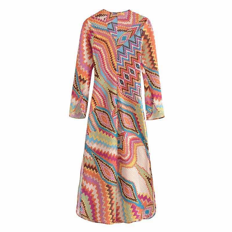 Summer Vintage Printed Dress Women V-neck with Drawstring Long Sleeves Chic Lady Elegant Maxi Dresses Woman 210709
