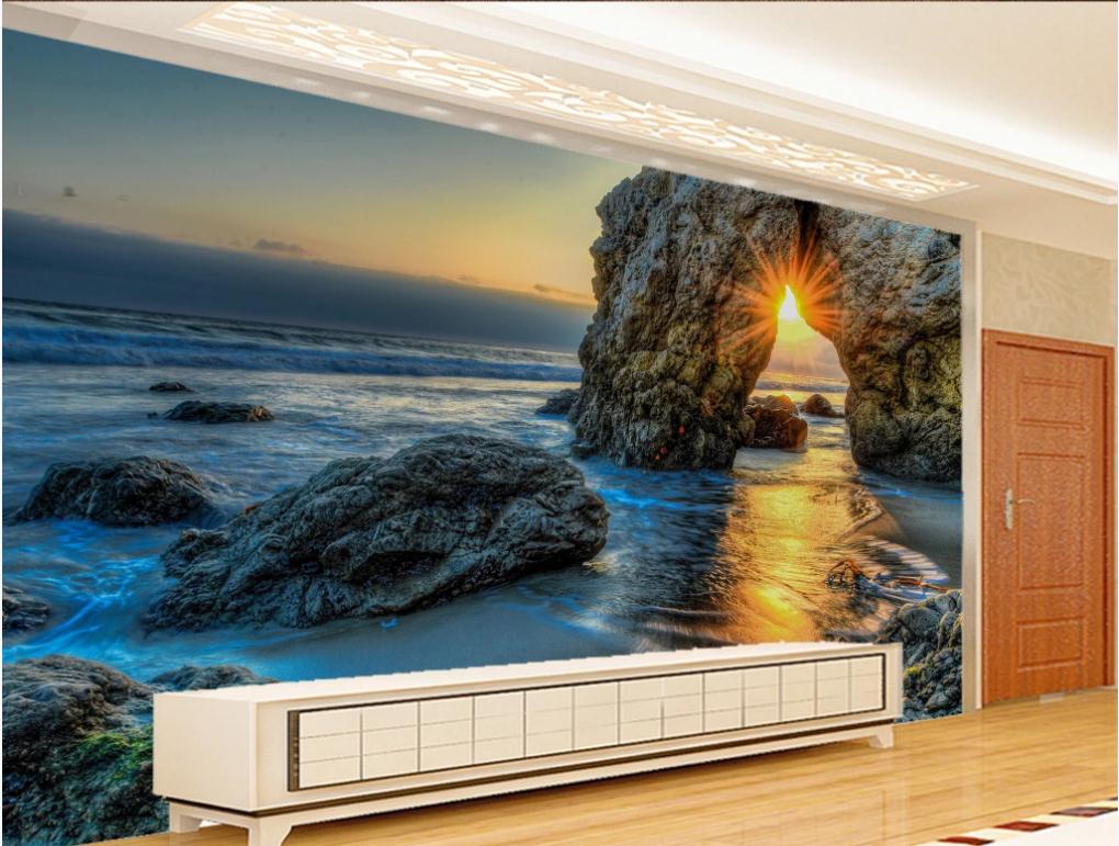 3d stereoscopic wallpaper Sea sunset landscape oil painting TV background wall 3d landscape wallpaper