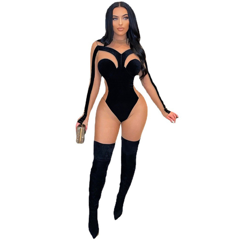 Fall Winter Velvet Jumpsuits Women Velour Mesh Rompers Long Sleeve Jumpers Sheer Casual Bodycon Bodysuit Sexy Night Club Wear Wholesale Items 6922
