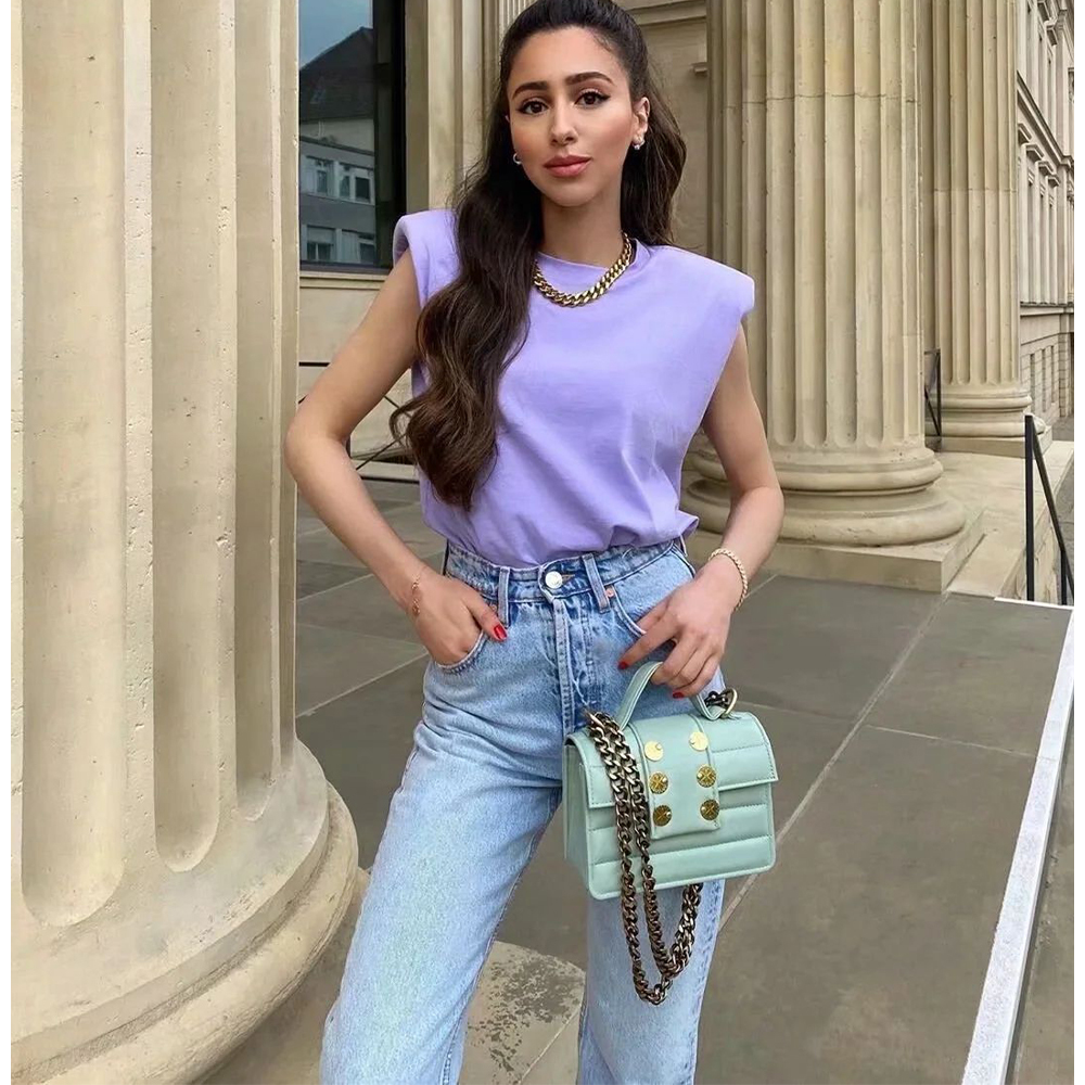 New Summer Women Tops shoulder pads Sleeveless tank 95% cotton pullover basic style Casual Femme T- shirts Ropa Mujer 210306