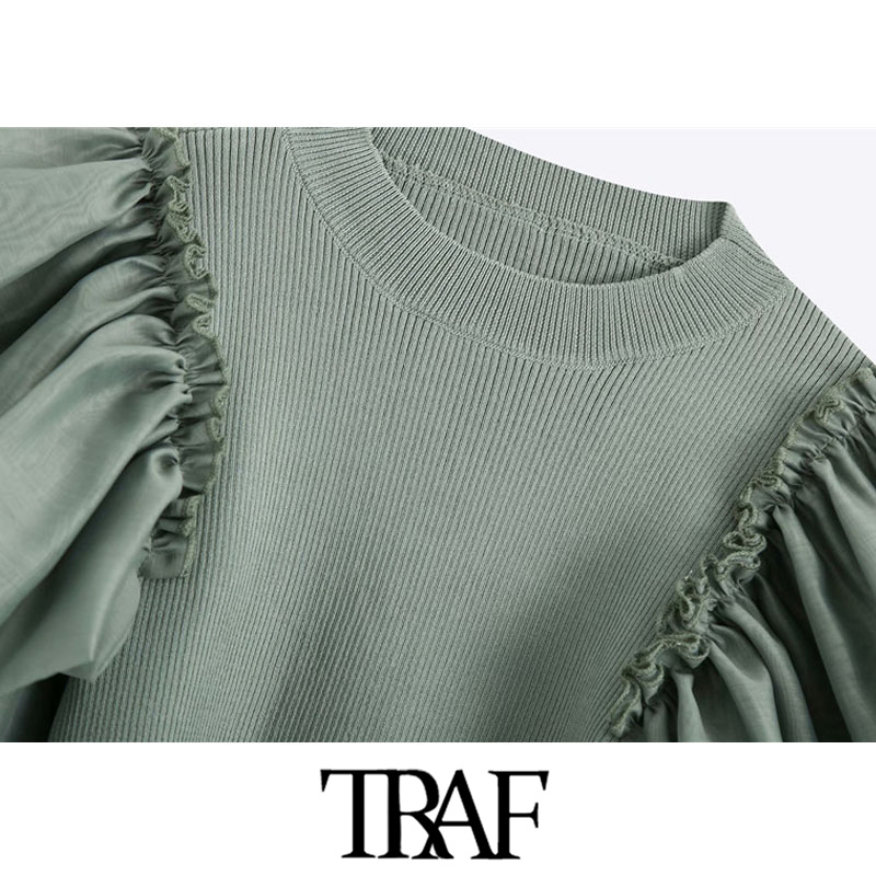 TRAF Women Fashion With Ruffled Stretch Slim Cropped Knitted Blouses Vintage O Neck Long Sleeve Female Shirts Chic Tops 210225