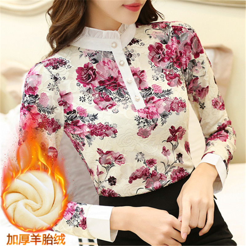 Autumn Winter Women Blouses Lace Stand Casual Long Sleeved Shirts Flower Elegant Slim Velvet Warm Thick Tops Plus Size Blusas 210225