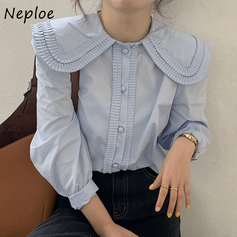 Neploe Doll Collar Puff Long Sleeve Cute Blouse Women Work Style OL Loose White Blue Blusas Single Breast Simple Shirt 210225