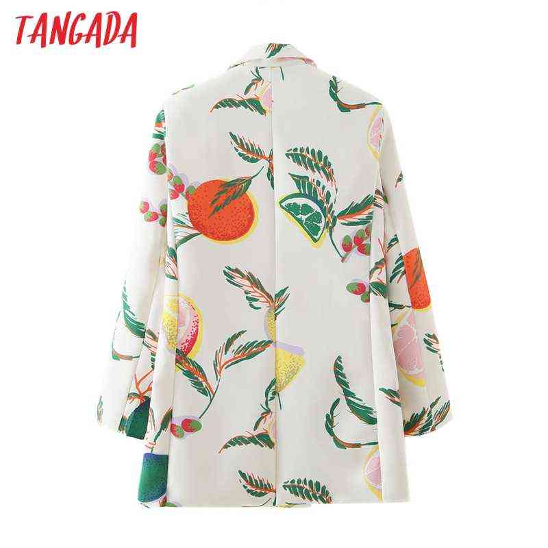 Tangada Women Fashion Fruit Print Blazer Coat Vintage Double Breasted Long Sleeve Female Outerwear Chic Tops DA139 211116