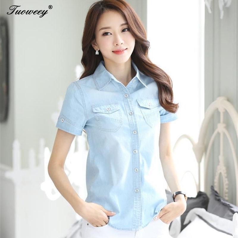 Cotton spring Fashion Loose Denim Women Blouses short Sleeve Shirts Women Tops vintage Jeans Blouse Female Casual Clothing T200321