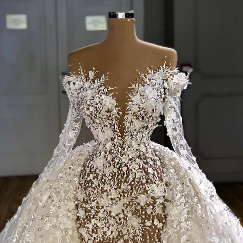 2022 Arabic Mermaid Wedding Dresses Luxury Pearls Beading Long Sleeve 3D Lace Appliqued Bridal Gowns Robe De Mariée
