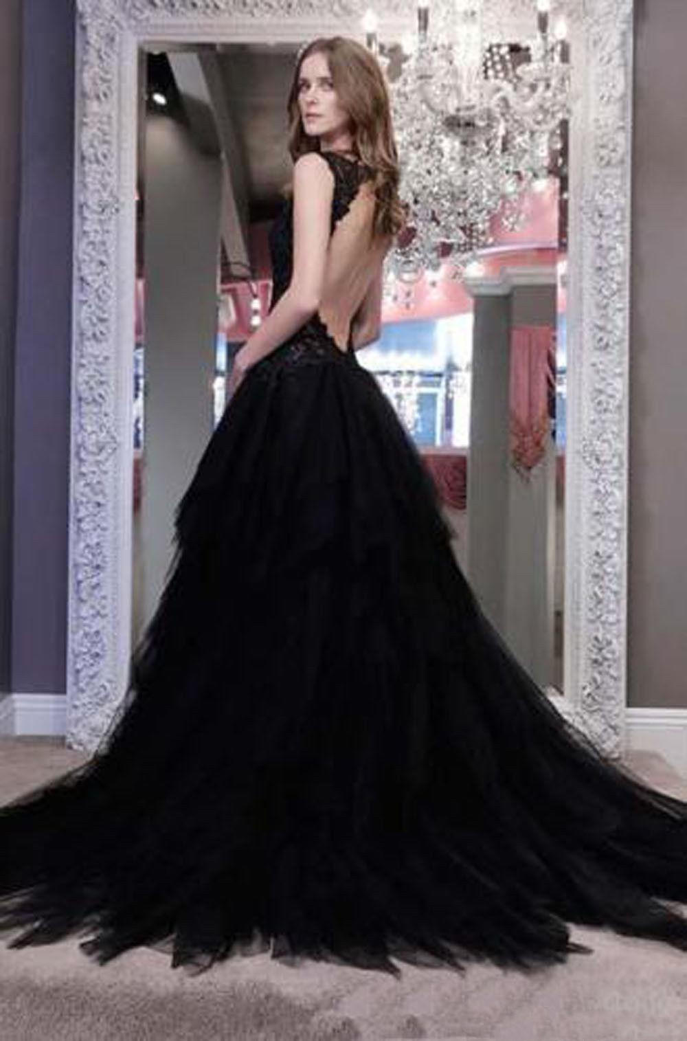 Sexy Backless Black Wedding Dresses 2021 Vintage V-neck Tiered Tulle Skirt Long Bridal Gowns Cheap Gothic Wedding Dress Vestidos de Novia