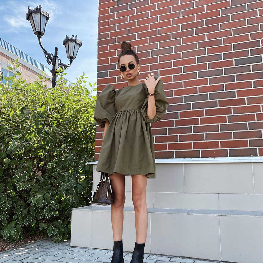 Women Mini Dress Casual O-neck Lantern Sleeve Loose A-lin Streetwear Dress Female Elegant Simple Solid Party Dress Summer 210630