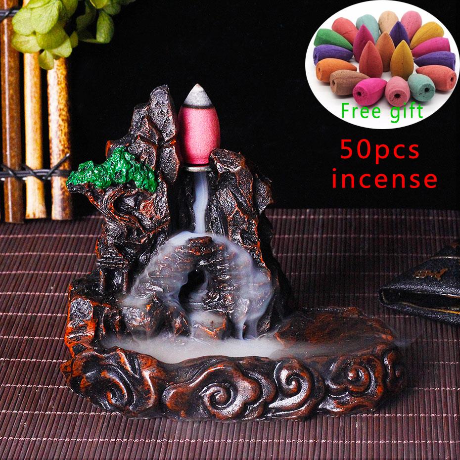 

50Pcs Incense Cones Backflow Burner Incensory Buddha Statue Ceramic Aroma Smoke Censer Zen Room Joss Holder