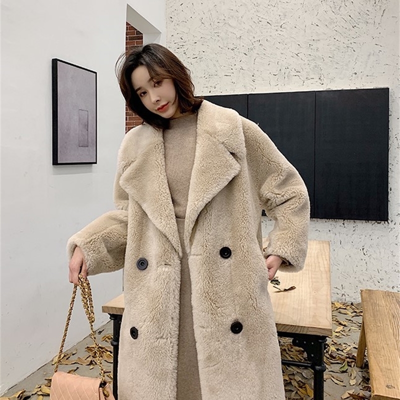 Obrix Winter Straight Female 100% Sheep Wool V-Neck Double Breasted Casual Full Sleeve Streetwear Fashionable Fur Coat For Women 210218