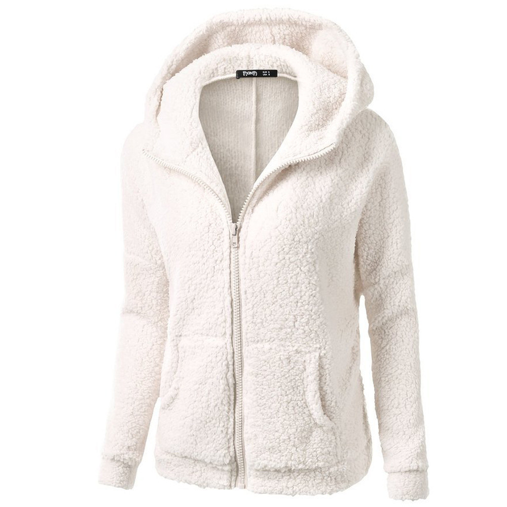 Winter Womans Fleece Jackets Solid Black White Red Zipper Hooded Sweatshirt Simple Basic Pockets Sweat Shirt Coats Plus Size 201216