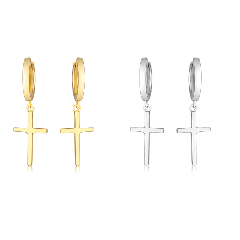 Women 925 Sterling Silver Gold Color Polishing Cross Dangle Hoop Earrings For Girls Fashion Luxury Round Jewelry Gift
