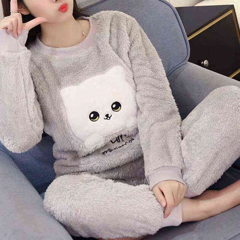 Autumn Winter Warm Flannel Women Pyjamas Set Thick Velvet Home Coral Long Sleeve Cartoon Sleepwear Flannel Pajama Nightwear 211109